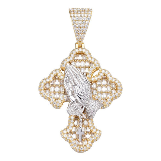 MOISSANITE Gothic Cross & Praying Hands Pendant Iced Baguette Real Silver & Gold Imported from eBay HarlemBling