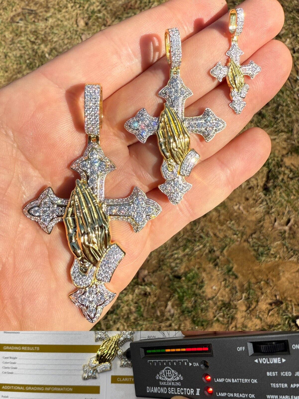 MOISSANITE Gothic Cross & Praying Hands Pendant Iced Gold Vermeil & 925 Silver Imported from eBay HarlemBling