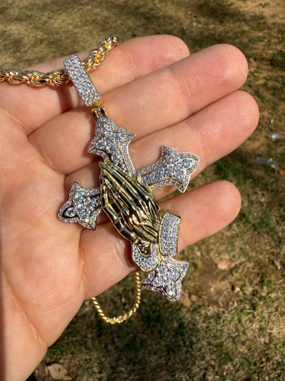 MOISSANITE Gothic Cross & Praying Hands Pendant Iced Gold Vermeil & 925 Silver Imported from eBay HarlemBling