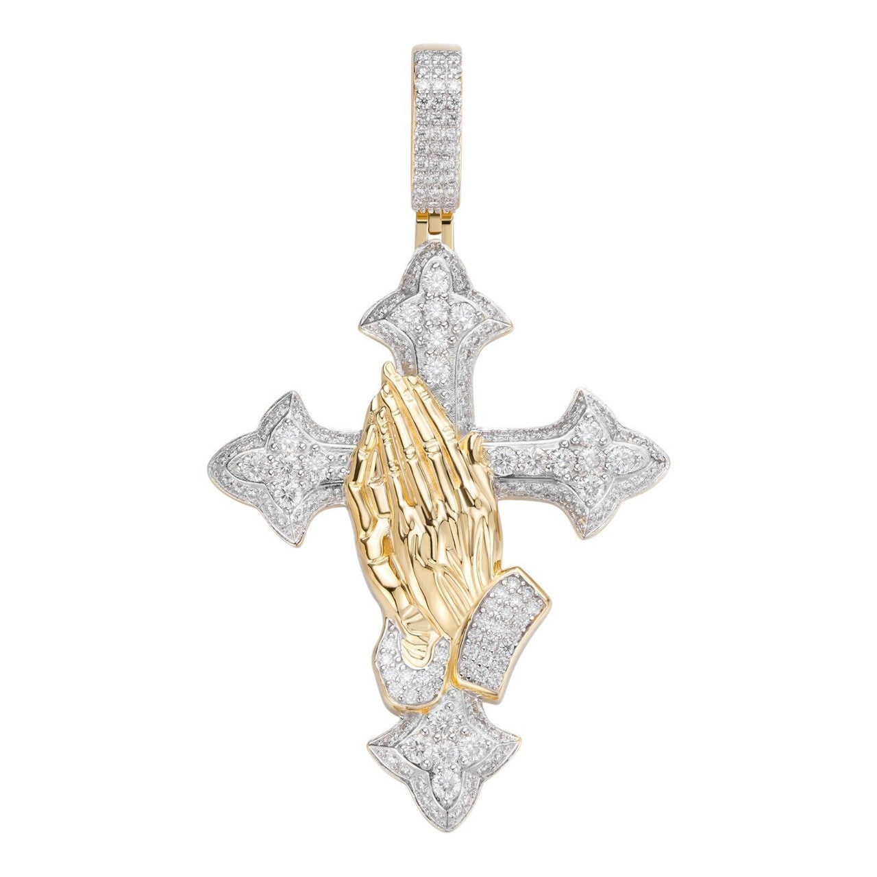 MOISSANITE Gothic Cross & Praying Hands Pendant Iced Gold Vermeil & 925 Silver Imported from eBay HarlemBling