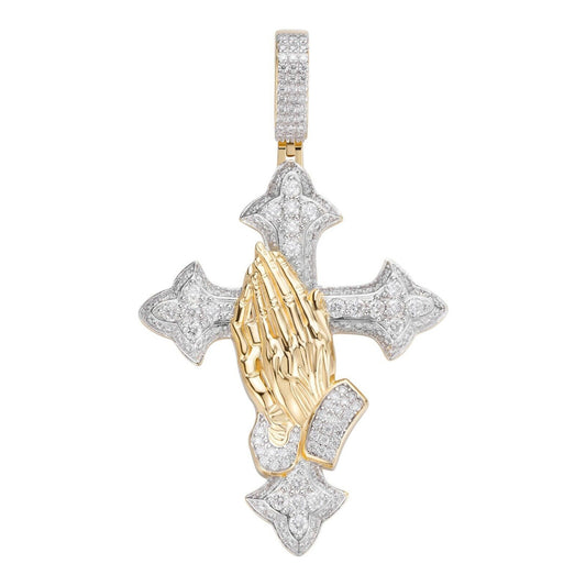 MOISSANITE Gothic Cross & Praying Hands Pendant Iced Gold Vermeil & 925 Silver Imported from eBay HarlemBling