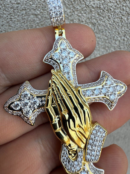 MOISSANITE Gothic Cross & Praying Hands Pendant Iced Gold Vermeil & 925 Silver Imported from eBay HarlemBling
