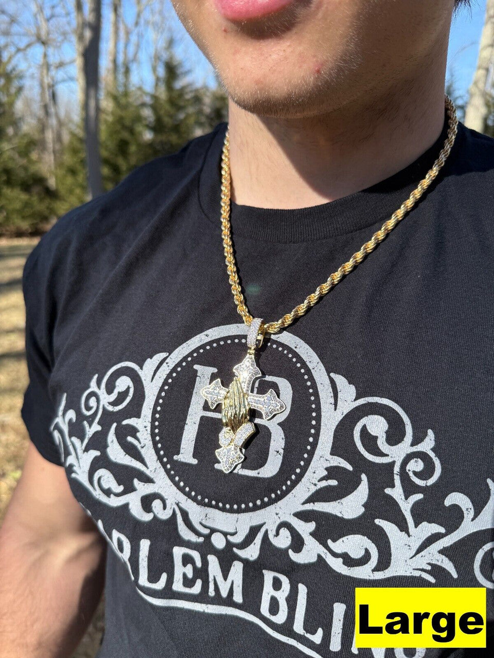 MOISSANITE Gothic Cross & Praying Hands Pendant Iced Gold Vermeil & 925 Silver Imported from eBay HarlemBling