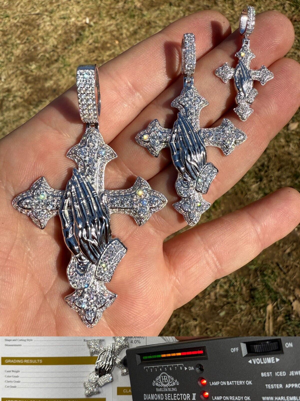 MOISSANITE Gothic Cross & Praying Hands Pendant Iced Real 925 Silver Necklace Imported from eBay HarlemBling