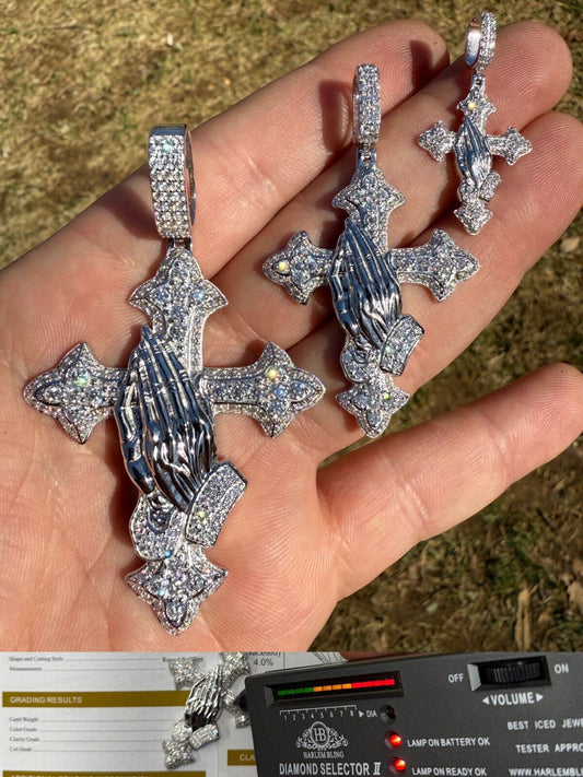MOISSANITE Gothic Cross & Praying Hands Pendant Iced Real 925 Silver Necklace Imported from eBay HarlemBling