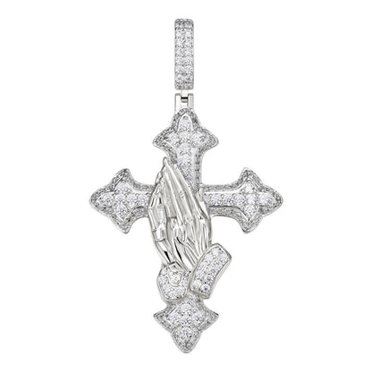 MOISSANITE Gothic Cross & Praying Hands Pendant Iced Real 925 Silver Necklace Imported from eBay HarlemBling