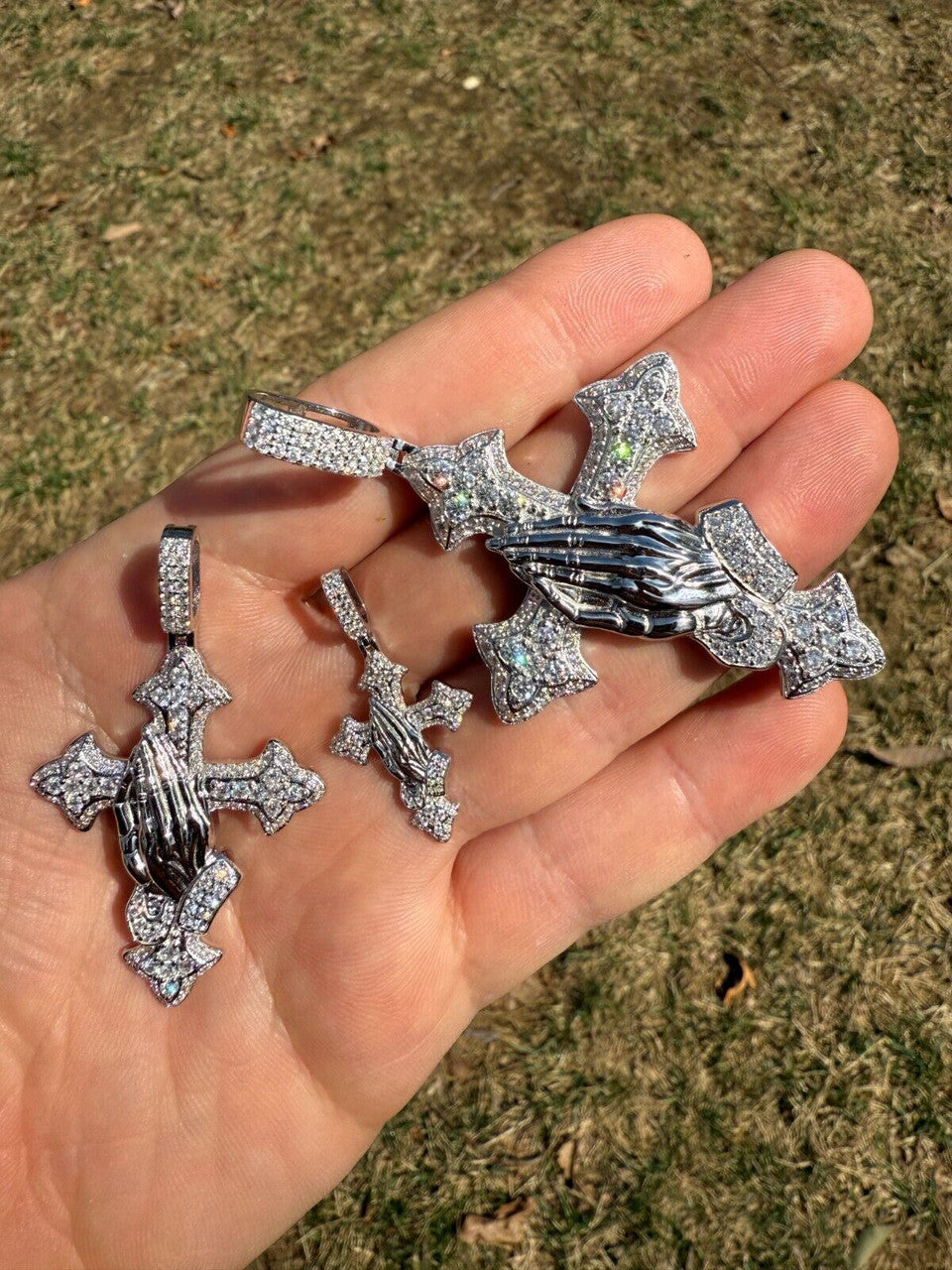 MOISSANITE Gothic Cross & Praying Hands Pendant Iced Real 925 Silver Necklace Imported from eBay HarlemBling