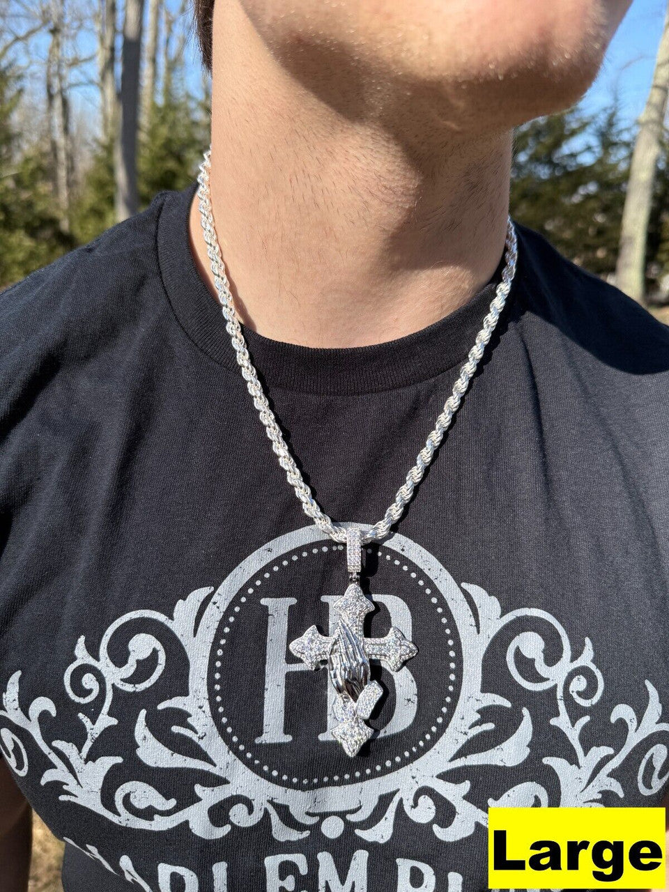 MOISSANITE Gothic Cross & Praying Hands Pendant Iced Real 925 Silver Necklace Imported from eBay HarlemBling