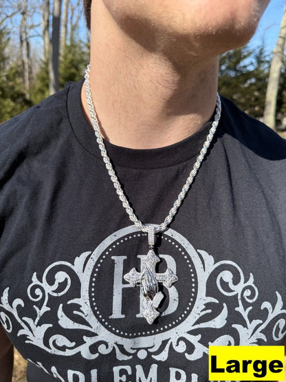 MOISSANITE Gothic Cross & Praying Hands Pendant Iced Real 925 Silver Necklace Imported from eBay HarlemBling