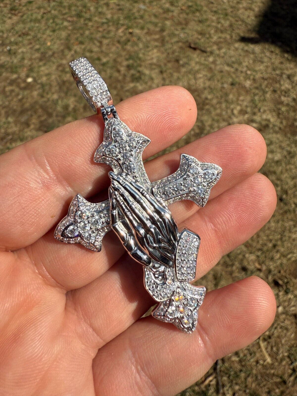 MOISSANITE Gothic Cross & Praying Hands Pendant Iced Real 925 Silver Necklace Imported from eBay HarlemBling
