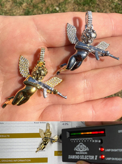 MOISSANITE Hip Hop Angel W. AK47 Gun Pendant - 14k Yellow Gold Vermeil Or 925 Silver - Medium 1.5" EVERYDAY ESSENTIALS HarlemBling