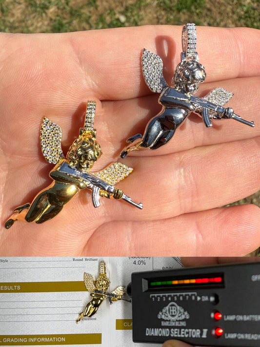 MOISSANITE Hip Hop Angel W. AK47 Gun Pendant - 14k Yellow Gold Vermeil Or 925 Silver - Medium 1.5" EVERYDAY ESSENTIALS HarlemBling