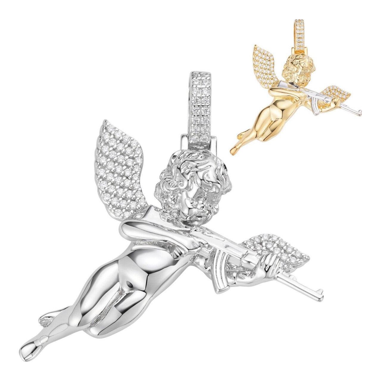 MOISSANITE Hip Hop Angel W. AK47 Gun Pendant - 14k Yellow Gold Vermeil Or 925 Silver - Medium 1.5" EVERYDAY ESSENTIALS HarlemBling