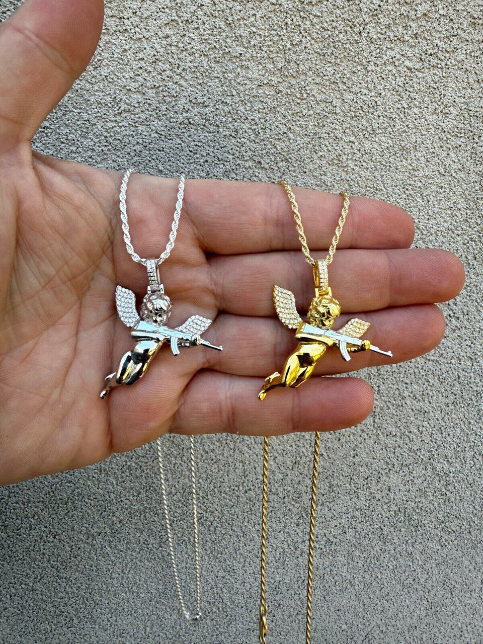 MOISSANITE Hip Hop Angel W. AK47 Gun Pendant - 14k Yellow Gold Vermeil Or 925 Silver - Medium 1.5" EVERYDAY ESSENTIALS HarlemBling