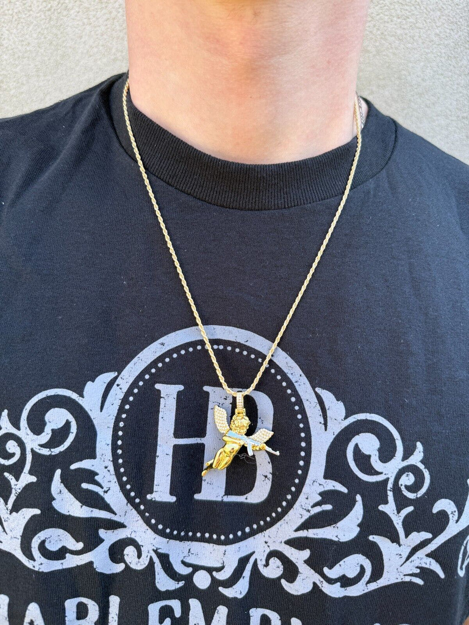 MOISSANITE Hip Hop Angel W. AK47 Gun Pendant - 14k Yellow Gold Vermeil Or 925 Silver - Medium 1.5" EVERYDAY ESSENTIALS HarlemBling