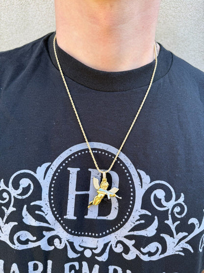 MOISSANITE Hip Hop Angel W. AK47 Gun Pendant - 14k Yellow Gold Vermeil Or 925 Silver - Medium 1.5" EVERYDAY ESSENTIALS HarlemBling