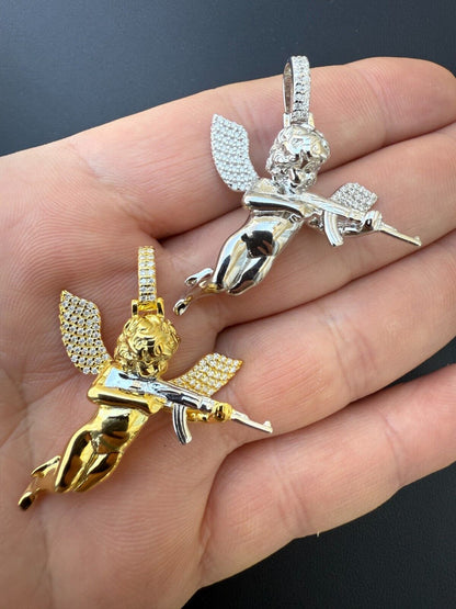 MOISSANITE Hip Hop Angel W. AK47 Gun Pendant - 14k Yellow Gold Vermeil Or 925 Silver - Medium 1.5" EVERYDAY ESSENTIALS HarlemBling