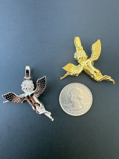 MOISSANITE Hip Hop Angel W. AK47 Gun Pendant - 14k Yellow Gold Vermeil Or 925 Silver - Medium 1.5" EVERYDAY ESSENTIALS HarlemBling