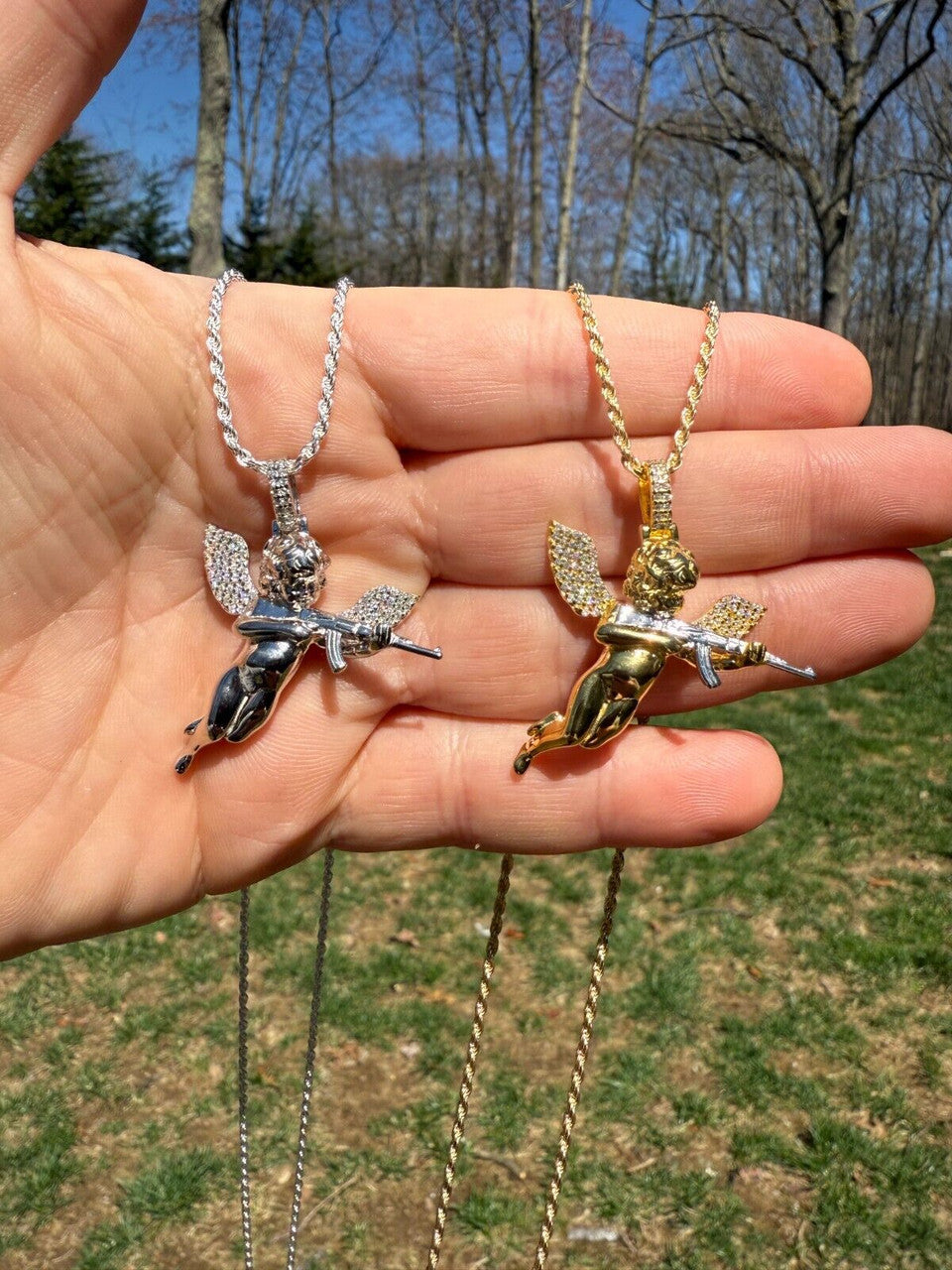 MOISSANITE Hip Hop Angel W. AK47 Gun Pendant - 14k Yellow Gold Vermeil Or 925 Silver - Medium 1.5" EVERYDAY ESSENTIALS HarlemBling