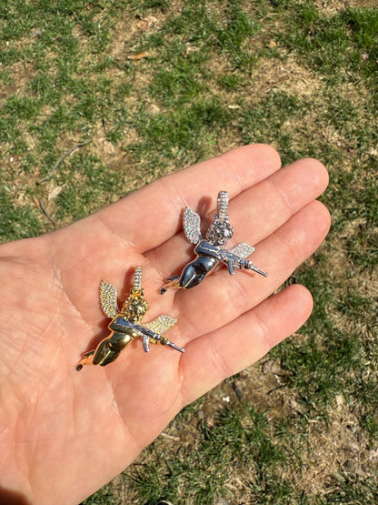 MOISSANITE Hip Hop Angel W. AK47 Gun Pendant - 14k Yellow Gold Vermeil Or 925 Silver - Medium 1.5" EVERYDAY ESSENTIALS HarlemBling