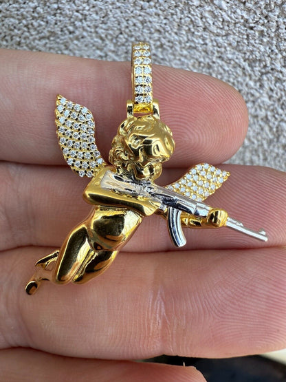 MOISSANITE Hip Hop Angel W. AK47 Gun Pendant - 14k Yellow Gold Vermeil Or 925 Silver - Medium 1.5" EVERYDAY ESSENTIALS HarlemBling