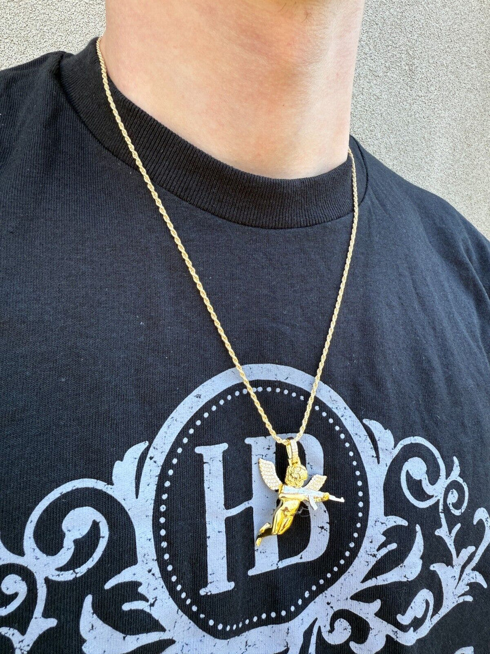 MOISSANITE Hip Hop Angel W. AK47 Gun Pendant - 14k Yellow Gold Vermeil Or 925 Silver - Medium 1.5" EVERYDAY ESSENTIALS HarlemBling