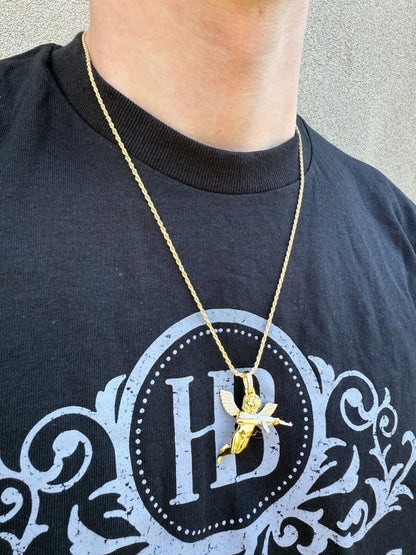 MOISSANITE Hip Hop Angel W. AK47 Gun Pendant - 14k Yellow Gold Vermeil Or 925 Silver - Medium 1.5" EVERYDAY ESSENTIALS HarlemBling