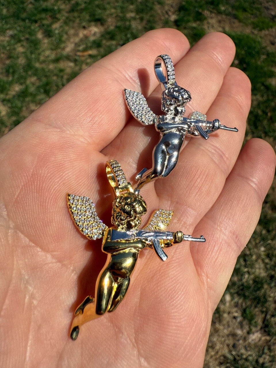 MOISSANITE Hip Hop Angel W. AK47 Gun Pendant - 14k Yellow Gold Vermeil Or 925 Silver - Medium 1.5" EVERYDAY ESSENTIALS HarlemBling