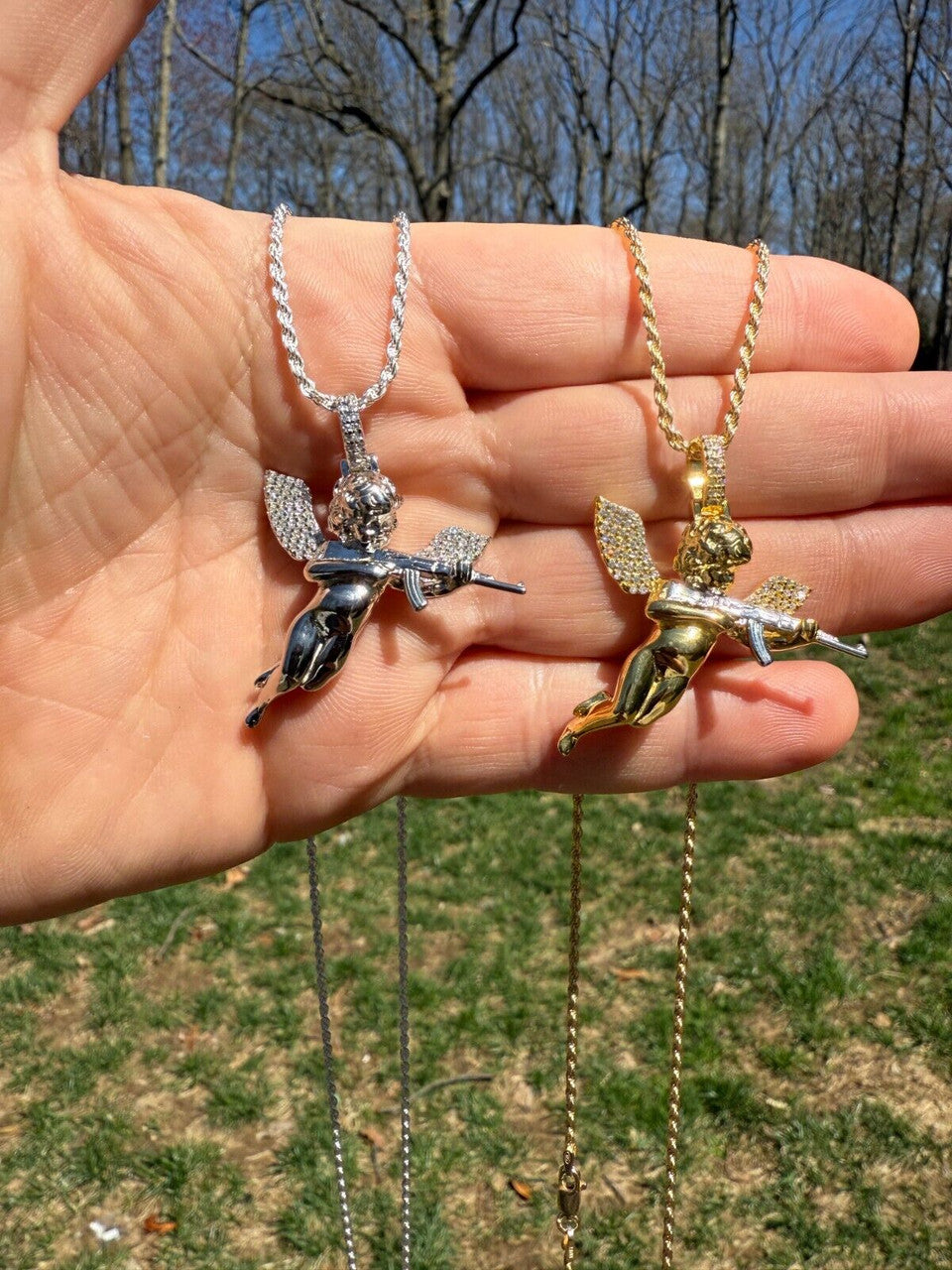 MOISSANITE Hip Hop Angel W. AK47 Gun Pendant - 14k Yellow Gold Vermeil Or 925 Silver - Medium 1.5" EVERYDAY ESSENTIALS HarlemBling