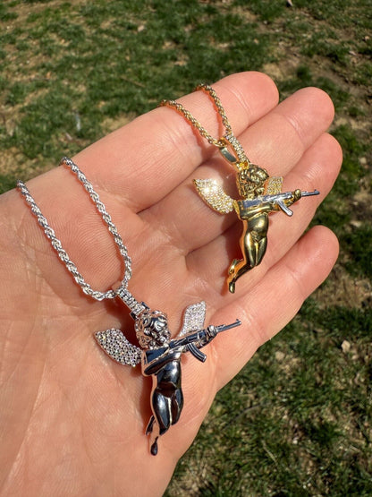 MOISSANITE Hip Hop Angel W. AK47 Gun Pendant - 14k Yellow Gold Vermeil Or 925 Silver - Medium 1.5" EVERYDAY ESSENTIALS HarlemBling