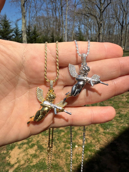 MOISSANITE Hip Hop Angel W. AK47 Gun Pendant - 14k Yellow Gold Vermeil Or 925 Silver - Medium 1.5" EVERYDAY ESSENTIALS HarlemBling