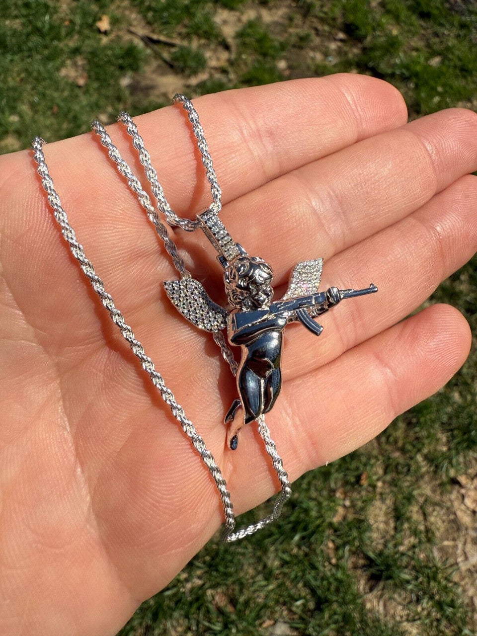 MOISSANITE Hip Hop Angel W. AK47 Gun Pendant - 14k Yellow Gold Vermeil Or 925 Silver - Medium 1.5" EVERYDAY ESSENTIALS HarlemBling