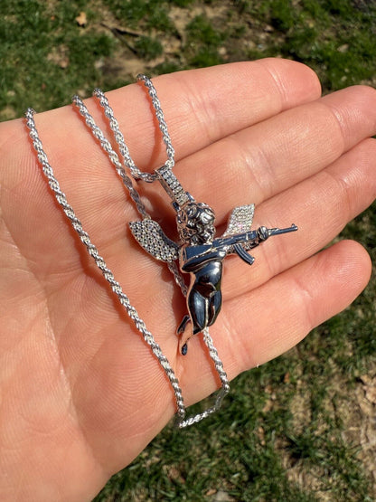 MOISSANITE Hip Hop Angel W. AK47 Gun Pendant - 14k Yellow Gold Vermeil Or 925 Silver - Medium 1.5" EVERYDAY ESSENTIALS HarlemBling