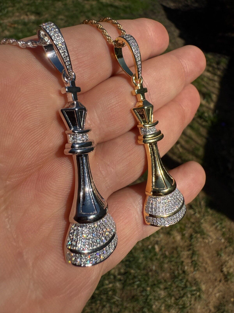 MOISSANITE King Chess Piece Iced Out Pendant - 14k Yellow Gold Vermeil Or 925 Silver - Medium 2.5" MOISSANITE HarlemBling
