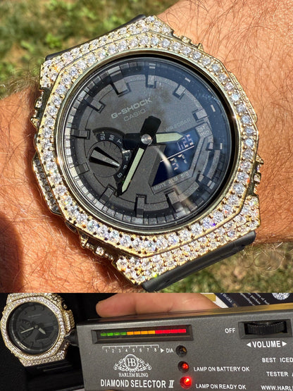 MOISSANITE Real 14k Gold Over 925 Silver Iced Casio G Shock GA2100 Hip Hop Watch ICED OUT WATCHES HarlemBling