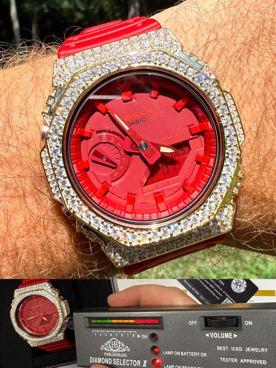 MOISSANITE Real 14k Gold Over 925 Silver Iced Red Casio G Shock GA2100 Watch ICED OUT WATCHES HarlemBling