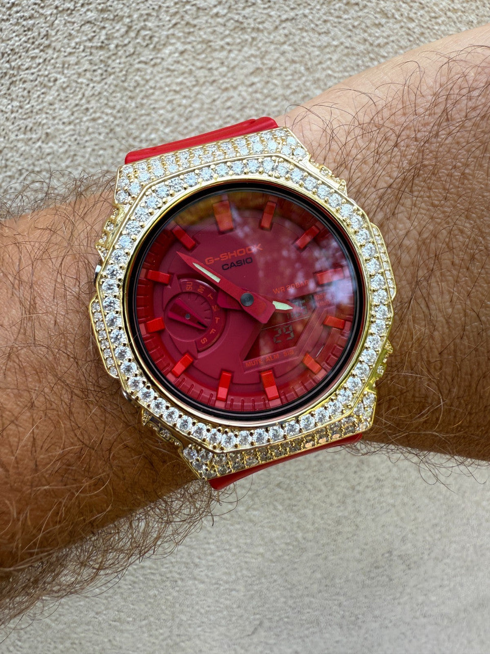 MOISSANITE Real 14k Gold Over 925 Silver Iced Red Casio G Shock GA2100 Watch ICED OUT WATCHES HarlemBling