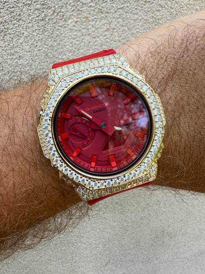 MOISSANITE Real 14k Gold Over 925 Silver Iced Red Casio G Shock GA2100 Watch ICED OUT WATCHES HarlemBling