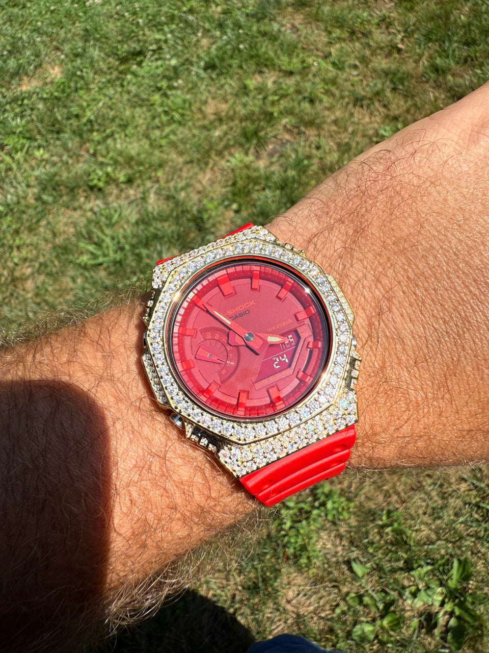 MOISSANITE Real 14k Gold Over 925 Silver Iced Red Casio G Shock GA2100 Watch ICED OUT WATCHES HarlemBling