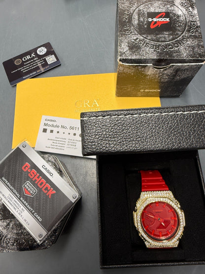 MOISSANITE Real 14k Gold Over 925 Silver Iced Red Casio G Shock GA2100 Watch ICED OUT WATCHES HarlemBling