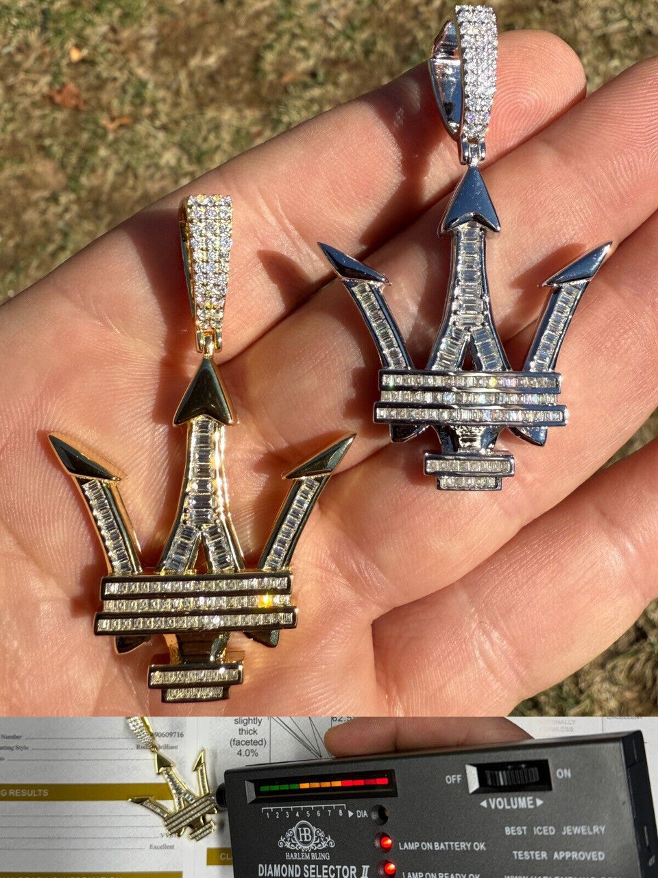 MOISSANITE Real 925 Silver/Gold Iced Maserati Logo Trident Pendant Necklace Imported from eBay HarlemBling