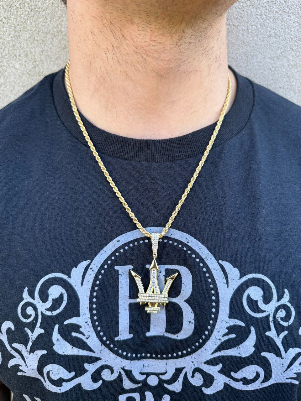 MOISSANITE Real 925 Silver/Gold Iced Maserati Logo Trident Pendant Necklace Imported from eBay HarlemBling