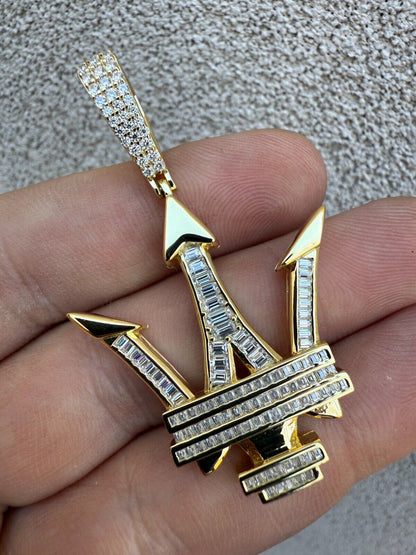 MOISSANITE Real 925 Silver/Gold Iced Maserati Logo Trident Pendant Necklace Imported from eBay HarlemBling