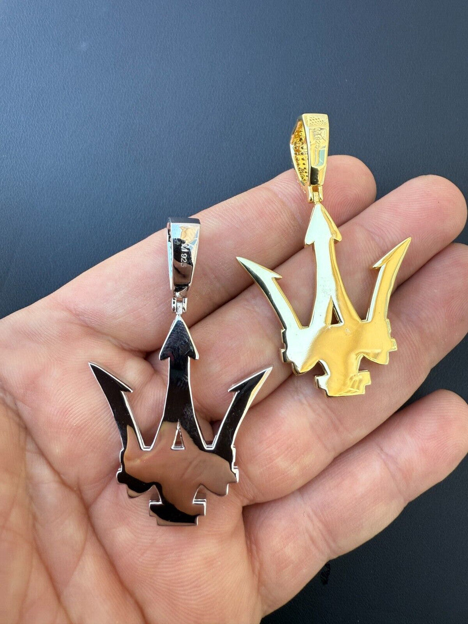 MOISSANITE Real 925 Silver/Gold Iced Maserati Logo Trident Pendant Necklace Imported from eBay HarlemBling