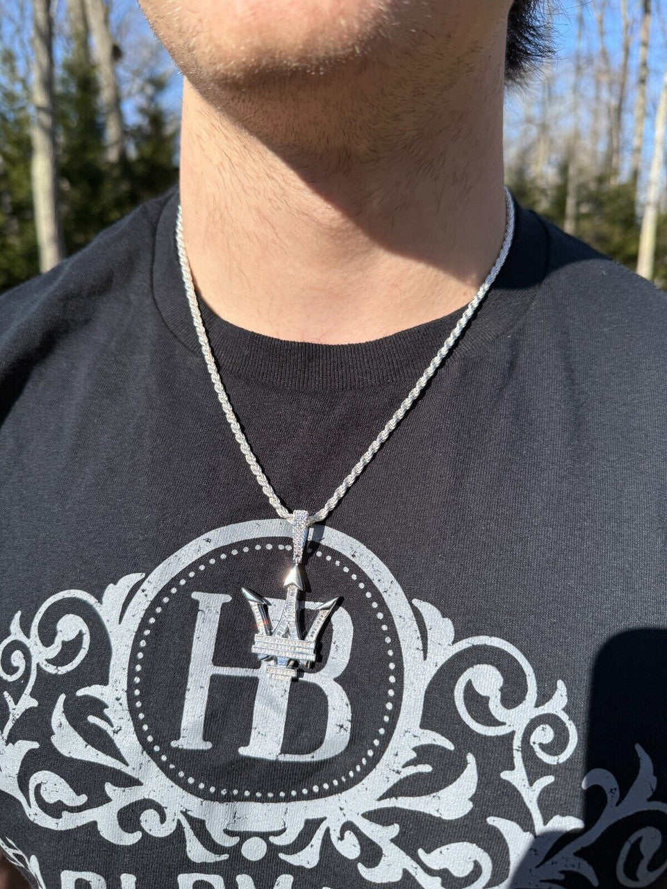 MOISSANITE Real 925 Silver/Gold Iced Maserati Logo Trident Pendant Necklace Imported from eBay HarlemBling