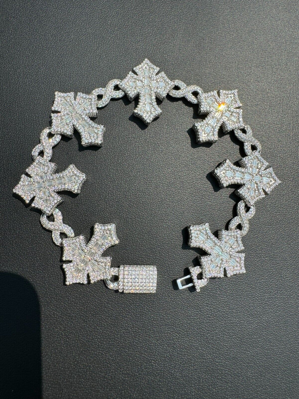 MOISSANITE Real Heavy 24mm 3D Gothic Cross Link Hip Hop Bracelet Iced 925 Silver Imported from eBay HarlemBling