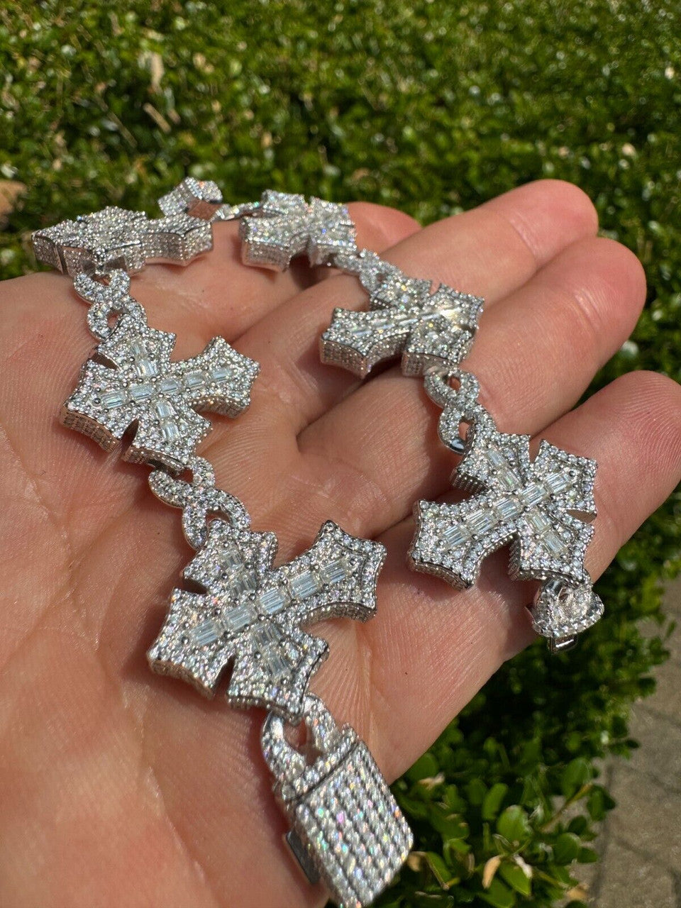 MOISSANITE Real Heavy 24mm 3D Gothic Cross Link Hip Hop Bracelet Iced 925 Silver Imported from eBay HarlemBling