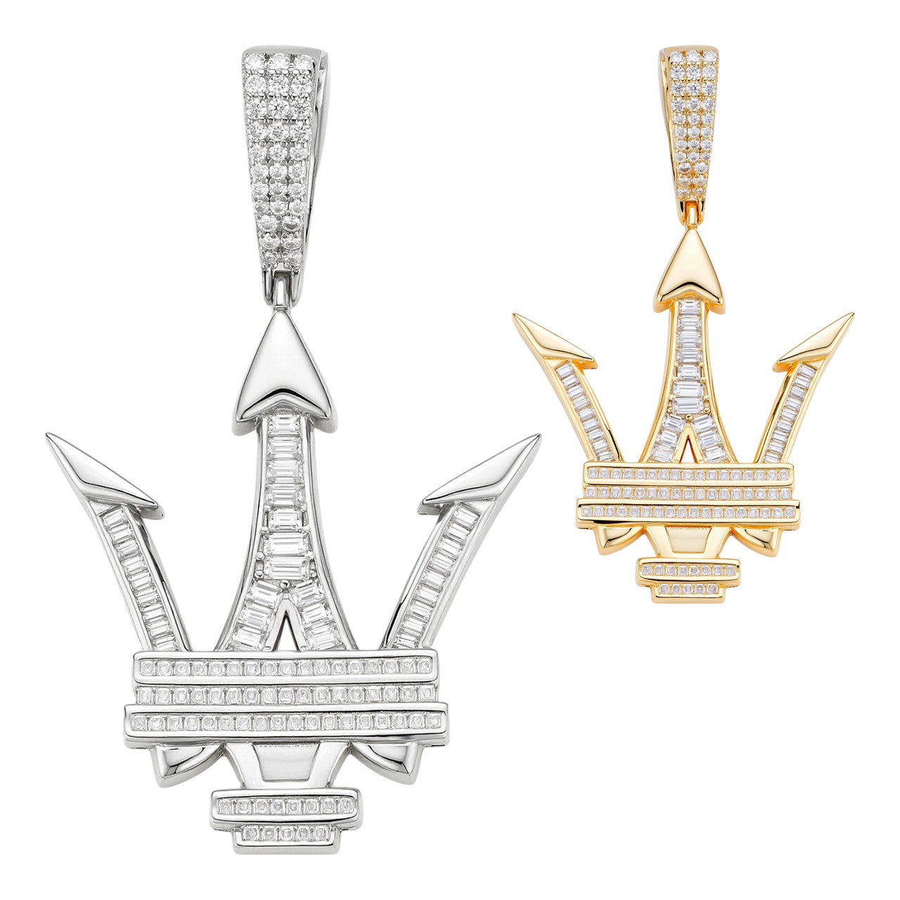 MOISSANITE Trident Maserati Logo Iced Out Pendant - 14k Gold Vermeil Or 925 Silver - Medium 2.25" PENDANTS HarlemBling