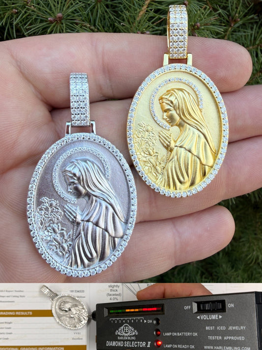MOISSANITE Virgin Mary Detailed Medallion Pendant Real 925 Silver Gold Necklace Imported from eBay HarlemBling