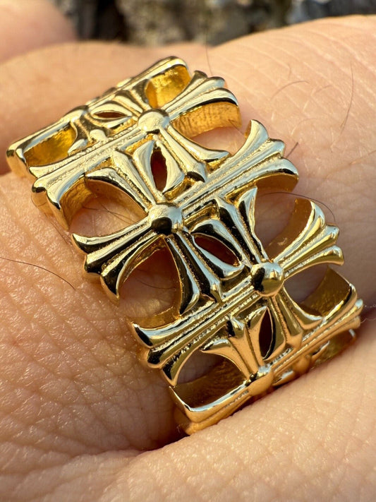 Mens Cross Ring 14k Gold Over 925 Silver 13.5mm Wedding Band Hearts Of Chrome Imported from eBay HarlemBling